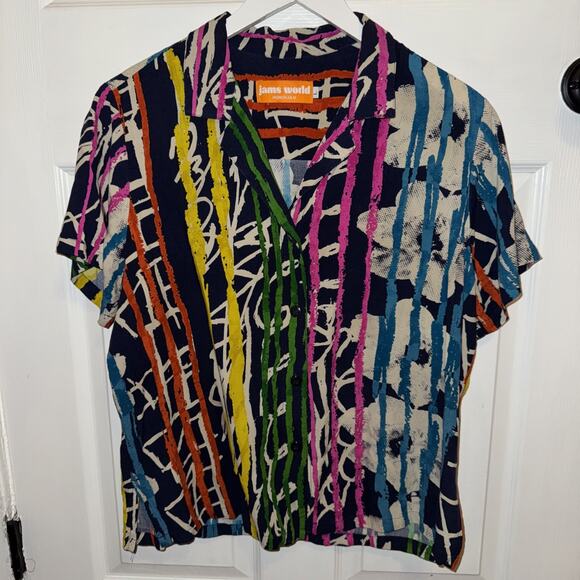 Jams World Women's Large Blouse V-Neck Hawaiian Multi-Color Heartstrings L - Picture 1 of 6